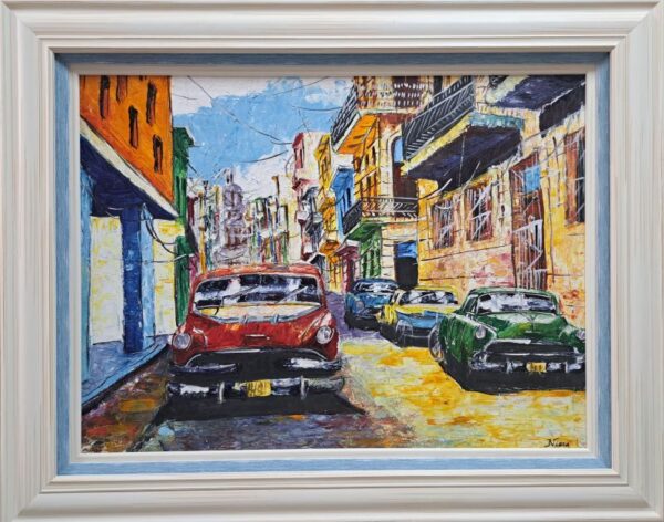 Umetnička slika Havana - Kuba 3 slikar Niovel Viera - tehnika ulje na platnu - format slike sa ramom 59x74 cm - bez rama 44x59 cm - Cena umetničke slike 35400 dinara - izgled slike sa ramom