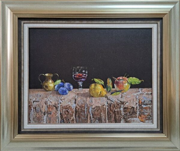Umetnička slika Kompozicija sa čašom slikar Milan Miletić - tehnika ulje na platnu - format slike bez rama 35x45 cm - sa ramom 55x65 cm - Cena umetničke slike 123900 dinara - izgled slike sa ramom
