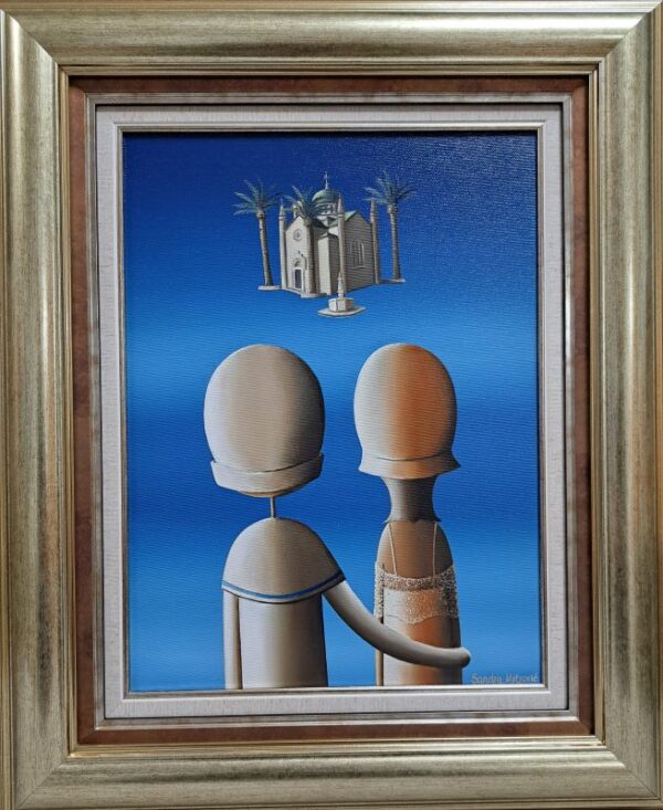 Umetnička slika Par II slikarka Sandra Mitrović - tehnika ulje na platnu - format slike sa ramom 57x47 cm - bez rama 40x30 cm - Cena umetničke slike 51920 dinara - izgled slike sa ramom