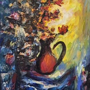 Umetnička slika Vaza sa cvećem slikar Dragan Kunić - tehnika ulje na platnu - format slike sa ramom 76x66 cm - bez rama 60x50 cm - Cena umetničke slike 33040 dinara - izgled slike bez rama