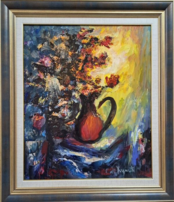 Umetnička slika Vaza sa cvećem slikar Dragan Kunić - tehnika ulje na platnu - format slike sa ramom 76x66 cm - bez rama 60x50 cm - Cena umetničke slike 33040 dinara - izgled slike sa ramom