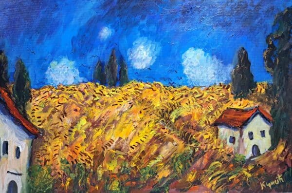 Umetnička slika Žitno polje slikar Dragan Kunić - tehnika ulje na platnu - format slike bez rama 60x90 cm - Cena umetničke slike 59000 dinara - izgled slike bez rama