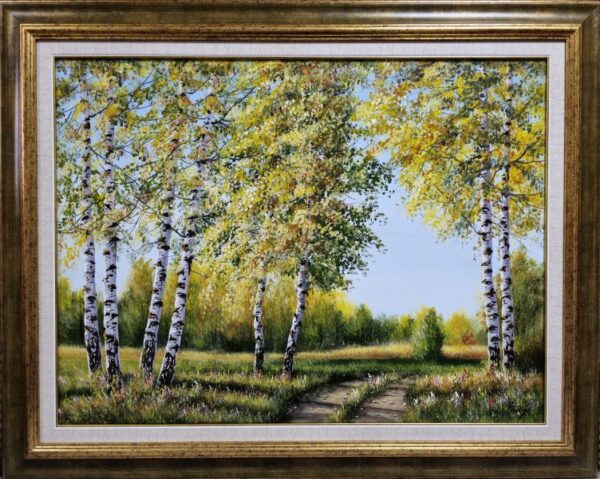 Umetnička slika Breze u jesen slikar Aleksandar Injac - tehnika ulje na platnu - format slike sa ramom 79x99 cm - bez rama 60x80 cm - Cena umetničke slike 47200 dinara - izgled slike sa ramom