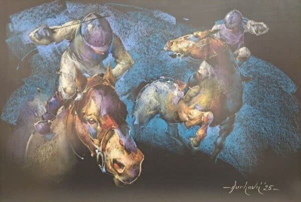 Umetnička slika Dva jahača slikar Braca Đurković - tehnika pastel - format slike sa ramom 54x74 cm - bez rama 40x60 cm - Cena umetničke slike 47200 dinara - izgled slike bez rama
