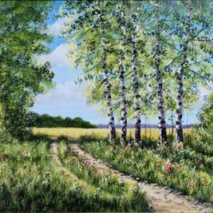 Umetnička slika Letnji put II slikar Aleksandar Injac - tehnika ulje na platnu - format slike sa ramom 79x99 cm - bez rama 60x80 cm - Cena umetničke slike 47200 dinara - izgled slike bez rama