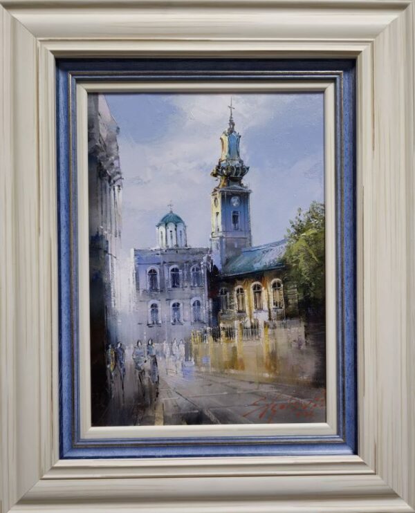 Umetnička slika Moj Beograd slikar Dejan Slepčević - tehnika ulje na platnu - format slike sa ramom 52x42 cm - bez rama 35x25 cm - Cena umetničke slike 25960 dinara - izgled slike sa ramom