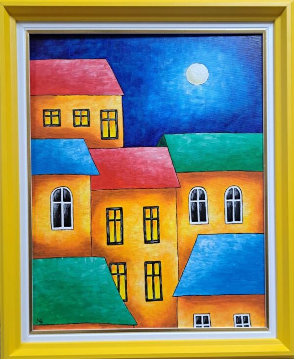 Umetnička slika Pun mesec slikarka Tijana Lazić - tehnika akril na platnu - format slike sa ramom 60x50 cm - bez rama 50x40 cm - Cena umetničke slike 11800 dinara - izgled slike sa ramom