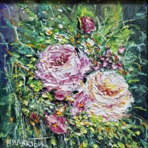 Umetnička slika Ruže 4 slikarka Bosa Milaković - tehnika ulje na platnu - format slike sa ramom 33x33 cm - bez rama 20x20 cm - Cena umetničke slike 10620 dinara - izgled slike bez rama