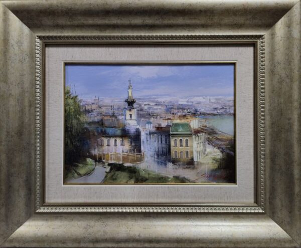 Umetnička slika Saborna crkva slikar Dejan Slepčević - tehnika ulje na platnu - format slike sa ramom 48x58 cm - bez rama 25x35 cm - Cena umetničke slike 25960 dinara - izgled slike sa ramom