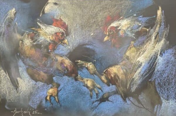 Umetnička slika Borba petlova V slikar Braca Đurković - tehnika pastel - format slike sa ramom 54x74 cm - bez rama 40x60 cm - Cena umetničke slike 47200 dinara - izgled slike bez rama