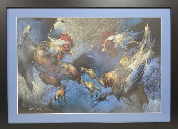 Umetnička slika Borba petlova V slikar Braca Đurković - tehnika pastel - format slike sa ramom 54x74 cm - bez rama 40x60 cm - Cena umetničke slike 47200 dinara - izgled slike sa ramom