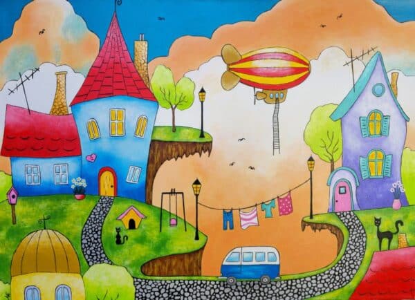 Umetnička slika Cepelin slikarka Tijana Lazić - tehnika akril na platnu - format slike bez rama 50x70 cm - Cena umetničke slike 20060 dinara - izgled slike bez rama