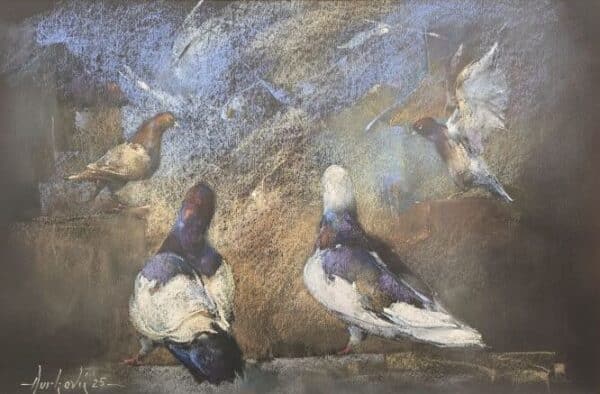 Umetnička slika Golubovi V slikar Braca Đurković - tehnika pastel - format slike sa ramom 53x73 cm - bez rama 40x60 cm - Cena umetničke slike 47200 dinara - izgled slike bez rama