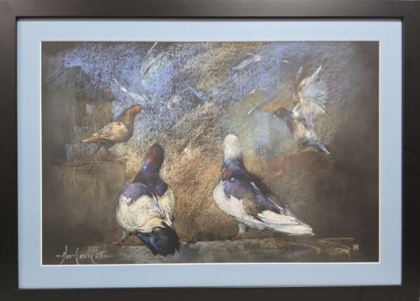 Umetnička slika Golubovi V slikar Braca Đurković - tehnika pastel - format slike sa ramom 53x73 cm - bez rama 40x60 cm - Cena umetničke slike 47200 dinara - izgled slike sa ramom
