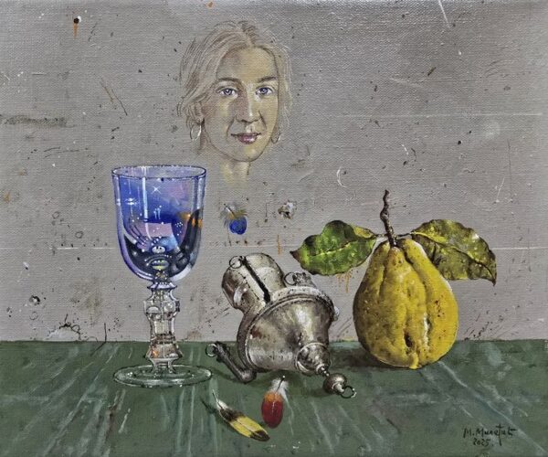 Umetnička slika Plava čaša slikar Milan Miletić - tehnika ulje na platnu - format slike bez rama 25x30 cm - Cena umetničke slike 59000 dinara - izgled slike bez rama