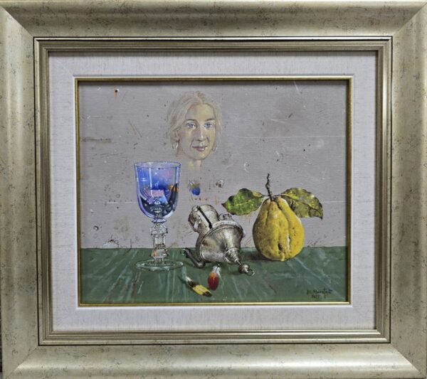 Umetnička slika Plava čaša slikar Milan Miletić - tehnika ulje na platnu - format slike bez rama 25x30 cm - sa ramom 40x45 cm - Cena umetničke slike 64900 dinara - izgled slike sa ramom
