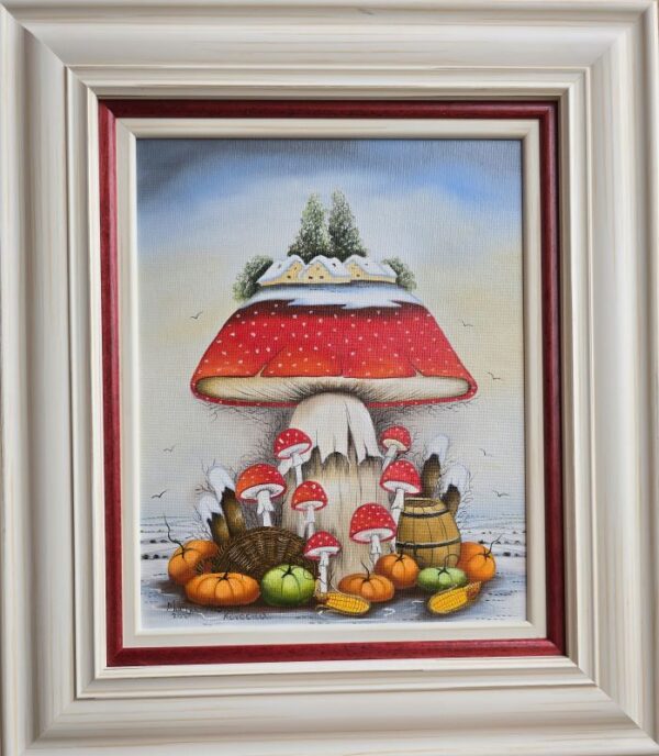 Umetnička slika Crvena pečurka 2 slikarka Marija Hlavati - tehnika ulje na platnu kasirano na kartonu - format slike sa ramom 45x40 cm - bez rama 30x25 cm - Cena umetničke slike 21240 dinara - izgled slike sa ramom - naiva