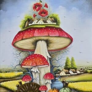 Umetnička slika Crvena pečurka 3 slikarka Marija Hlavati - tehnika ulje na platnu - format slike sa ramom 55x45 cm - bez rama 40x30 cm - Cena umetničke slike 31860 dinara - izgled slike bez rama - naivno slikarstvo Kovačica