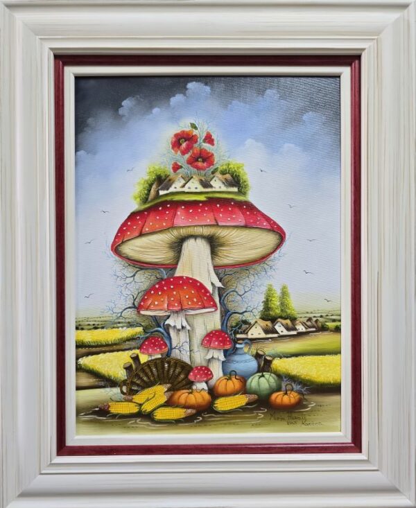 Umetnička slika Crvena pečurka 3 slikarka Marija Hlavati - tehnika ulje na platnu - format slike sa ramom 55x45 cm - bez rama 40x30 cm - Cena umetničke slike 31860 dinara - izgled slike sa ramom - naivno slikarstvo Kovačica