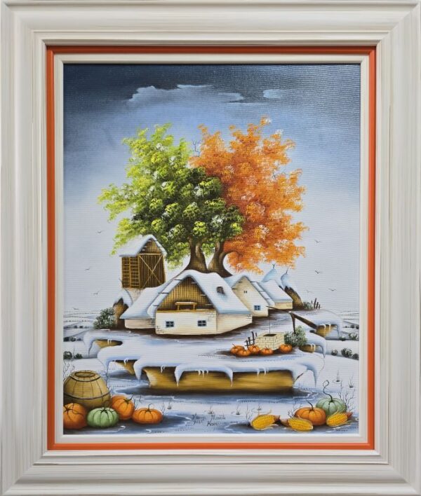 Umetnička slika Drvo ljubavi 5 slikarka Marija Hlavati-tehnika ulje na platnu kasirano na kartonu-format slike sa ramom 65x55 cm - bez rama 50x40 cm -Cena umetničke slike 46020 dinara-izgled slike sa ramom - naivno slikarstvo