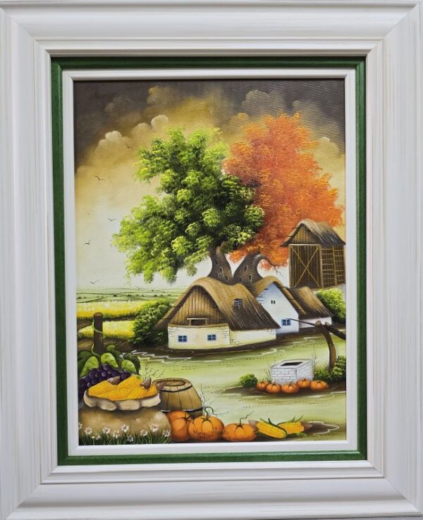 Umetnička slika Drvo ljubavi 7 slikarka Marija Hlavati - tehnika ulje na platnu kasirano na kartonu - format slike sa ramom 55x45 cm - bez rama 40x30 cm - Cena umetničke slike 31860 dinara - izgled slike sa ramom - naiva