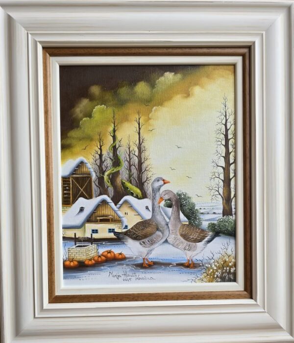 Umetnička slika Guske 2 slikarka Marija Hlavati - tehnika ulje na platnu kasirano na kartonu - format slike sa ramom 45x40 cm - bez rama 30x25 cm - Cena umetničke slike 21240 dinara - izgled slike sa ramom