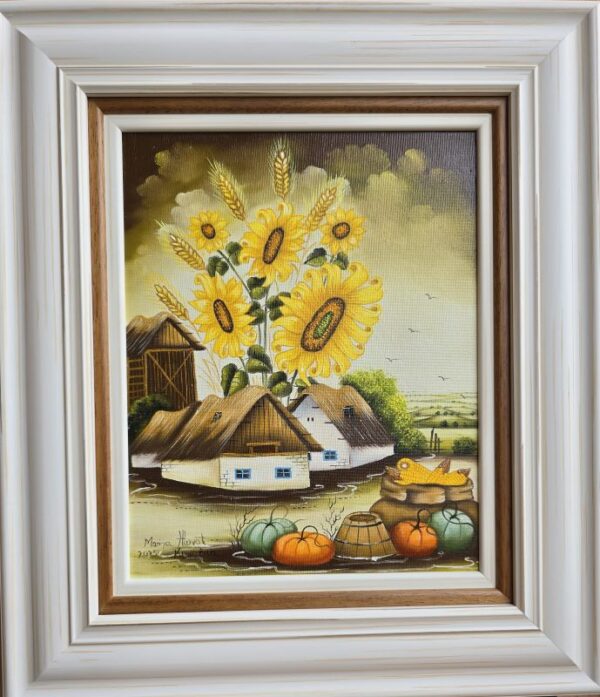 Umetnička slika Kovačica 2 slikarka Marija Hlavati - tehnika ulje na platnu kasirano na kartonu - format slike sa ramom 45x40 cm - bez rama 30x25 cm - Cena umetničke slike 21240 dinara - izgled slike sa ramom