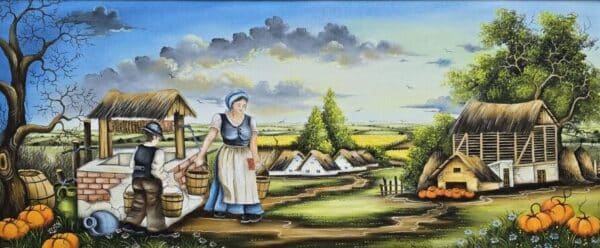 Umetnička slika Na bunaru slikarka Marija Hlavati - tehnika ulje na platnu kasirano na kartonu - format slike sa ramom 45x85 cm - bez rama 30x70 cm - Cena umetničke slike 59000 dinara - izgled slike bez rama