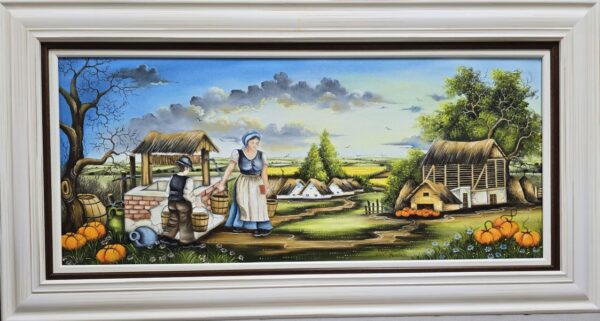 Umetnička slika Na bunaru slikarka Marija Hlavati - tehnika ulje na platnu kasirano na kartonu - format slike sa ramom 45x85 cm - bez rama 30x70 cm - Cena umetničke slike 59000 dinara - izgled slike sa ramom