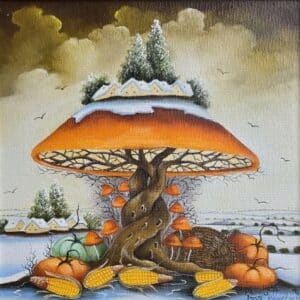 Umetnička slika Pečurka 1 slikarka Marija Hlavati - tehnika ulje na platnu kasirano na kartonu - format slike sa ramom 35x35 cm - bez rama 20x20 cm - Cena umetničke slike 15340 dinara - izgled slike bez rama - naiva Kovačica