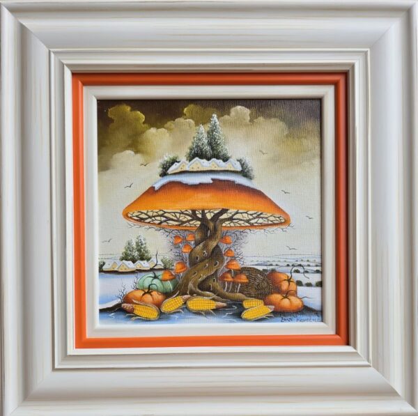 Umetnička slika Pečurka 1 slikarka Marija Hlavati - tehnika ulje na platnu kasirano na kartonu - format slike sa ramom 35x35 cm - bez rama 20x20 cm - Cena umetničke slike 15340 dinara - izgled slike sa ramom - naiva Kovačica