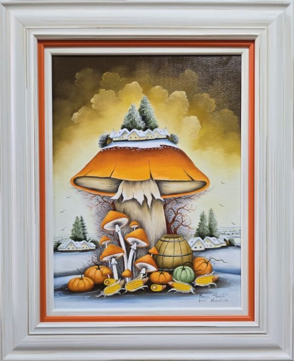 Umetnička slika Pečurka 5 slikarka Marija Hlavati - tehnika ulje na plartnu kasirano na kartonu - format slike sa ramom 55x45 cm - bez rama 40x30 cm - Cena umetničke slike 31860 dinara - izgled slike sa ramom