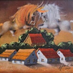 Umetnička slika Bačka XVII slikar Janoš Mesaroš – tehnika kombinovana na kaširanom platnu – format slike sa ramom 41×48 cm – bez rama 23×30 cm – Cena umetničke slike 31.860 dinara – izgled slike sa ramom