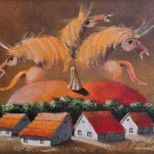 Umetnička slika Bundeva XVII slikar Janoš Mesaroš - tehnika kombinovana na kasiranom platnu - format slike sa ramom 41x48 cm - bez rama 23x30 cm - Cena umetničke slike 31860 dinara - izgled slike bez rama