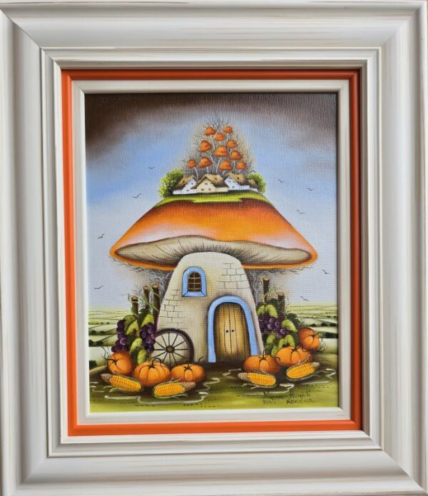Umetnička slika Pečurka 4 slikarka Marija Hlavati - tehnika ulje na platnu kasirano na kartonu - format slike sa ramom 45x40 cm - bez rama 30x25 cm - Cena umetničke slike 21240 dinara - izgled slike sa ramom
