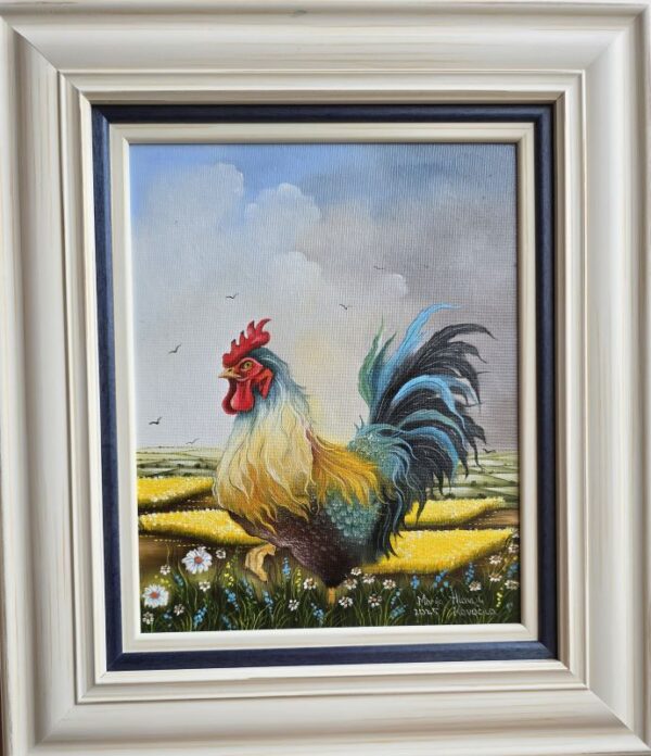 Umetnička slika Pevac 1 slikarka Marija Hlavati - tehnika ulje na platnu kasirano na kartonu - format slike sa ramom 45x40 cm - bez rama 30x25 cm - Cena umetničke slike 21240 dinara - izgled slike sa ramom