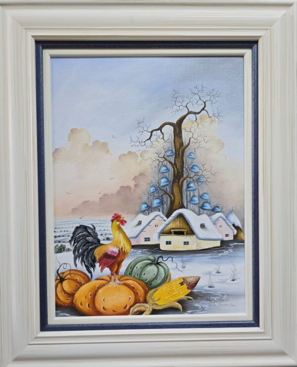 Umetnička slika Pevac na bundevi slikarka Marija Hlavati - tehnika ulje na platnu kasirano na kartonu - format slike sa ramom 55x45 cm - bez rama 40x30 cm - Cena umetničke slike 31860 dinara - izgled slike sa ramom