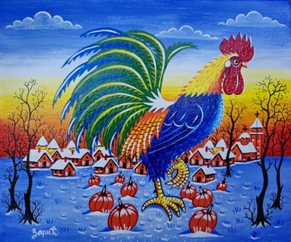 Umetnička slika Pevac zimi slikar Zoran Zarić - tehnika ulje na platnu - format slike bez rama 30x25 cm - Cena umetničke slike 12980 dinara - izgled slike bez rama
