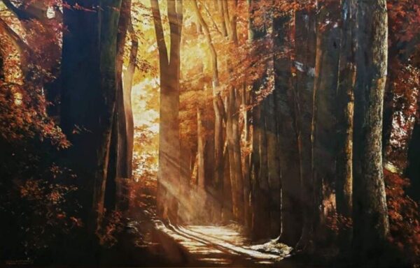 Umetnička slika Sećanje na Lothlorien slikar Predrag Vitezović - tehnika ulje na medijapanu - format slike sa ramom 100x153 cm - bez rama 80x125 cm - Cena umetničke slike 330400 dinara - izgled slike bez rama