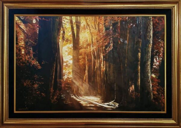 Umetnička slika Sećanje na Lothlorien slikar Predrag Vitezović - tehnika ulje na medijapanu - format slike sa ramom 100x153 cm - bez rama 80x125 cm - Cena umetničke slike 330400 dinara - izgled slike sa ramom