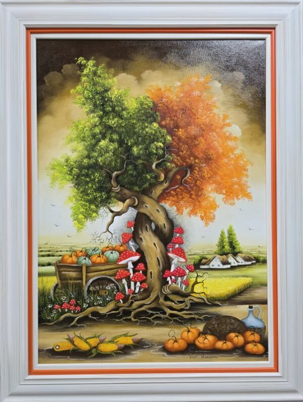 Umetnička slika veliko drvo ljubavi 2 slikarka Marija Hlavati - tehnika ulje na platnu - format slike sa ramom 85x65 cm - bez rama 70x50 cm - Cena umetničke slike 82600 dinara - izgled slike sa ramom