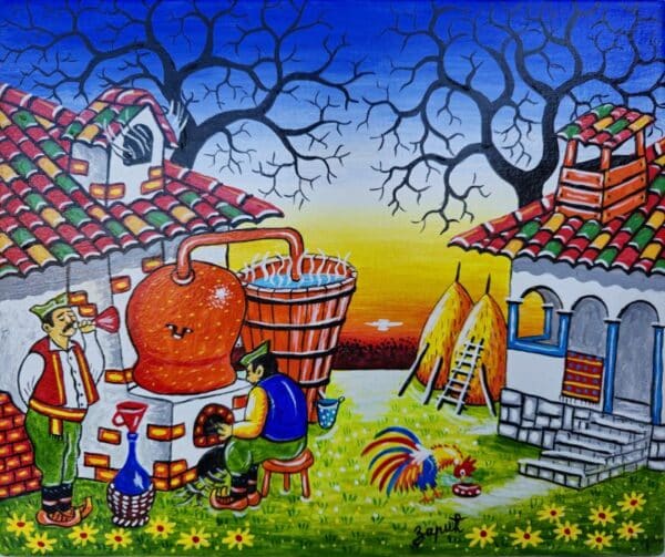 Umetnička slika Vesela mašina slikar Zoran Zarić - tehnika ulje na platnu - format slike bez rama 30x25 cm - Cena umetničke slike 12980 dinara - izgled slike bez rama