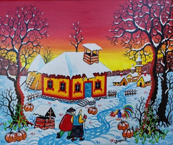 Umetnička slika Zimska šetnja slikar Zoran Zarić - tehnika ulje na platnu - format slike bez rama 30x25 cm - Cena umetničke slike 12900 dinara - izgled slike bez rama