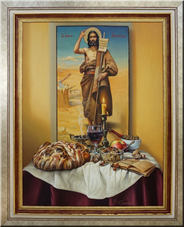 Umetnička slika Jovanj dan – slavska ikona Sveti Jovan Krstitelj – slikar Jovica Tomašević – tehnika ulje na platnu kaširano na šperu – format slike sa ramom 98×79 cm – bez rama 80×61 cm – Cena umetničke slike 179.000 dinara – uz sertifikat – izgled slike sa ramom