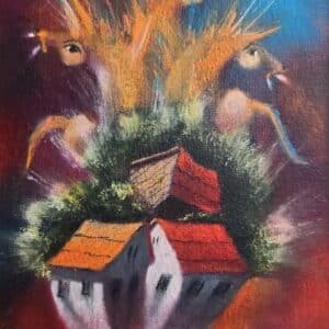 Umetnička slika Pijane kuće XVII slikar Janoš Mesaroš - tehnika kombinovana na kasiranom platnu - format slike sa ramom 46x39 cm - bez rama 29x22 cm - Cena umetničke slike 31860 dinara - izgled slike bez rama