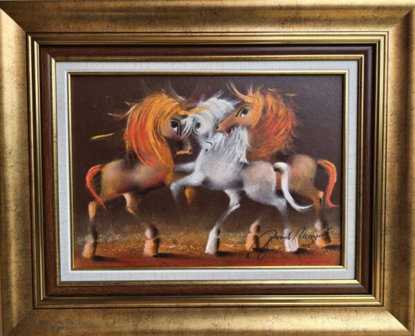 Umetnička slika Porodica XVII slikar Janoš Mesaroš – tehnika kombinovana na kaširanom platnu – format slike sa ramom 42×52 cm – bez rama 25×35 cm – Cena umetničke slike 31.860 dinara – izgled slike sa ramom