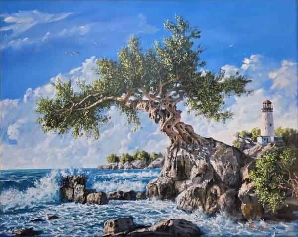 Umetnička slika Svetionik slikar Staniša Stojiljković Nite – tehnika ulje na platnu – format slike sa ramom 101×121 cm – bez rama 80×100 cm – Cena umetničke slike 118.000 dinara – uz sertifikat – izgled slike bez rama