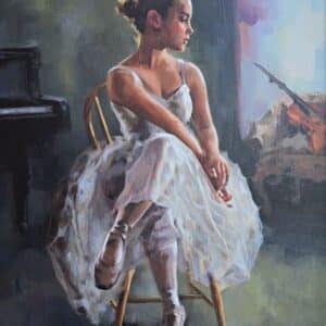 Umetnička slika Balerina kraj klavira slikar Dragan Petrović Pavle – tehnika ulje na platnu – format slike sa ramom 77×65 cm – bez rama 61×48 cm – Cena umetničke slike 41.300 dinara – uz sertifikat – izgled slike sbez rama