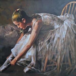 Umetnička slika Balerina se priprema slikar Dragan Petrović Pavle – tehnika ulje na platnu – format slike sa ramom 65×77 cm – bez rama 48×61 cm – Cena umetničke slike 41.300 dinara – uz sertifikat – izgled slike bez rama