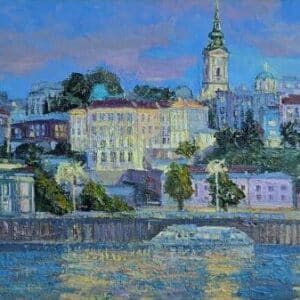 Umetnička slika Beograd na reci slikarka Olja Nikonova – tehnika ulje na platnu – format slike sa ramom 44×54 cm – bez rama 25×35 cm – Cena umetničke slike 23.600 dinara – uz sertifikat – izgled slike bez rama